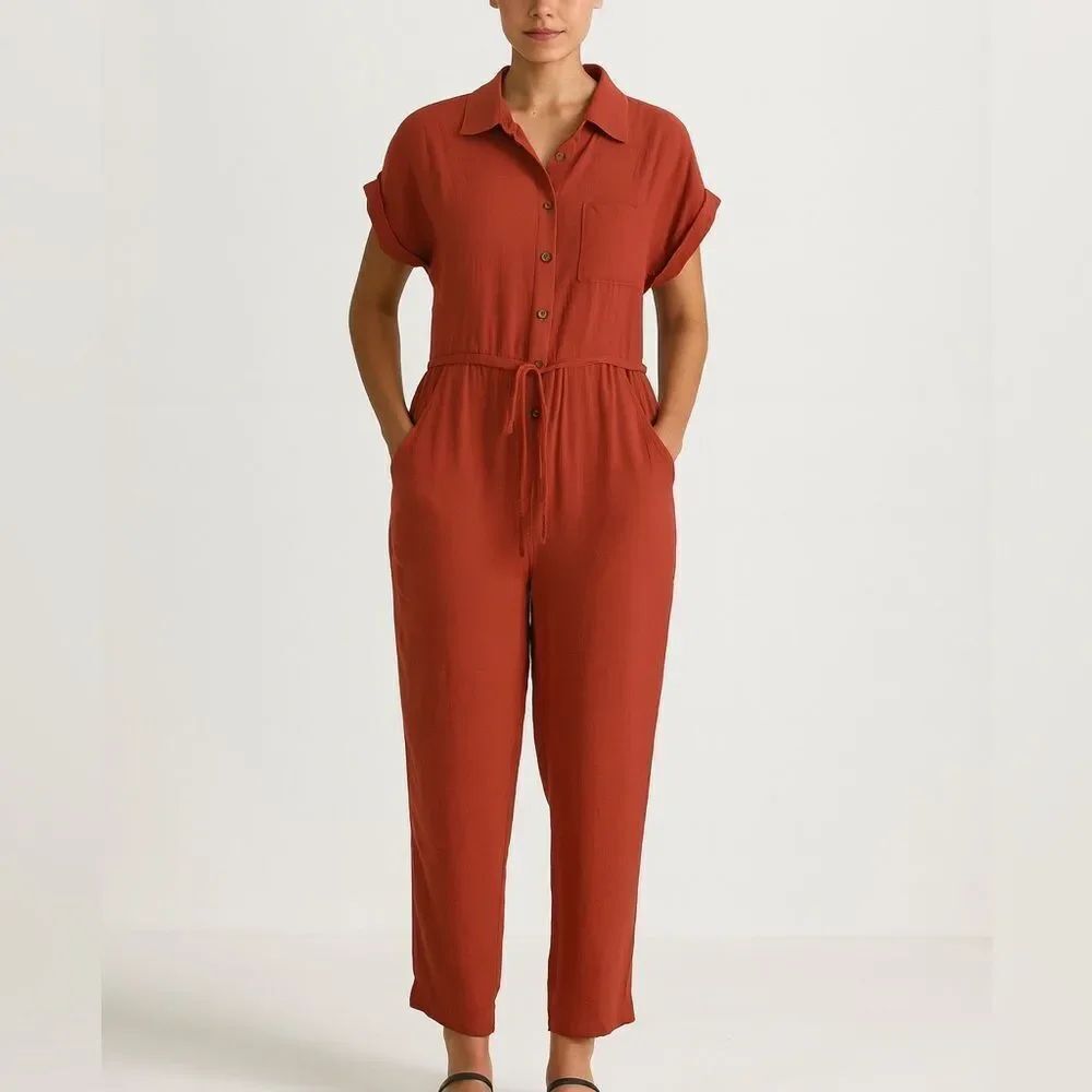 Antonio Melani Rust Button Front Short Sleeve Jumpsuit Size 2